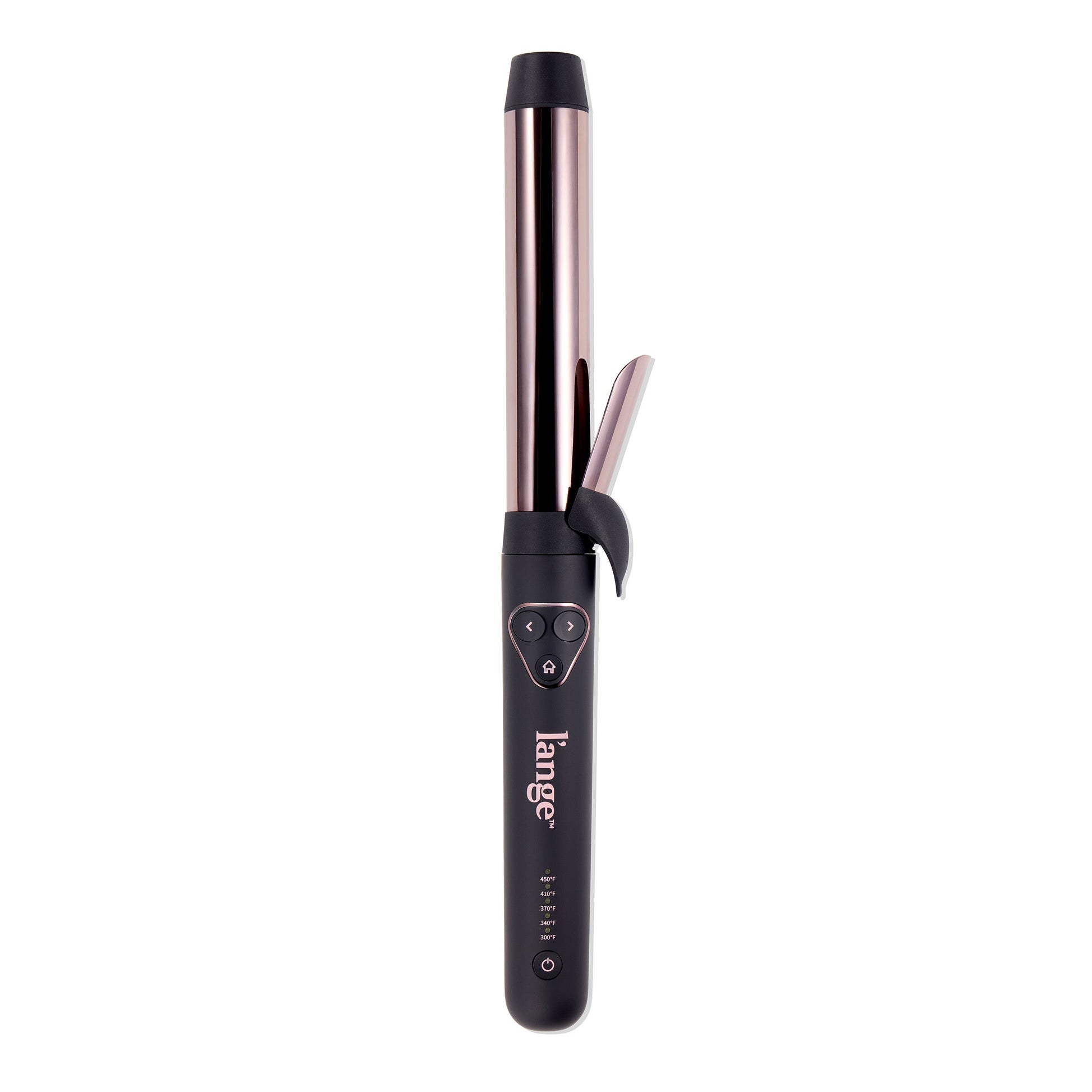 Sleek curling iron featuring a rose gold barrel and digital temperature controls, designed for styling versatility and precision.