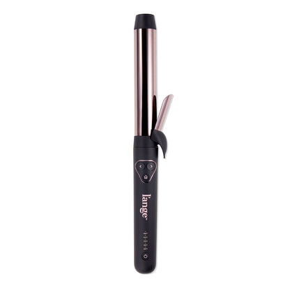 Sleek curling iron featuring a rose gold barrel and digital temperature controls, designed for styling versatility and precision.